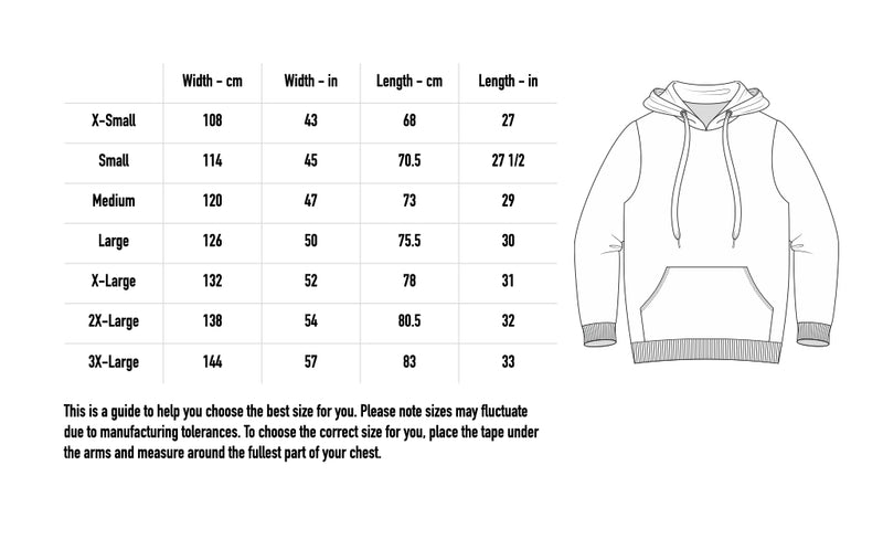 Size chart for Labyrinth Hoodie - Faded Grey