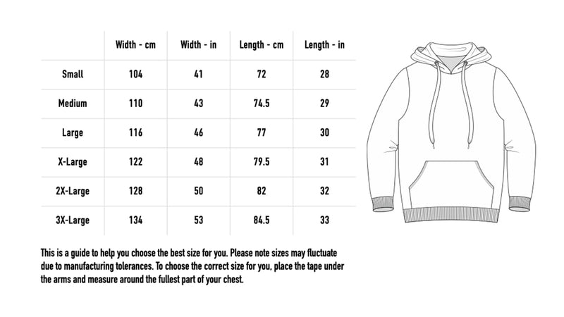 Size chart for Burning Cube Hood - Black