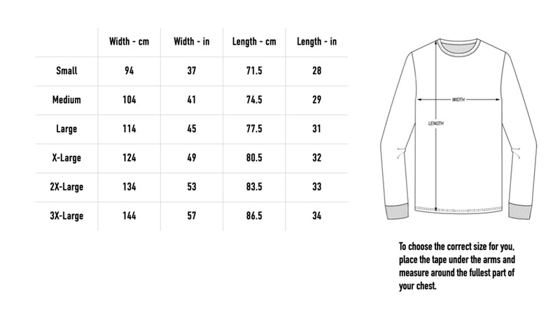Size chart for Eyes Longsleeve - White