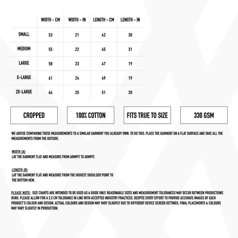 Size chart for Death Metal Cropped Hoodie - Black